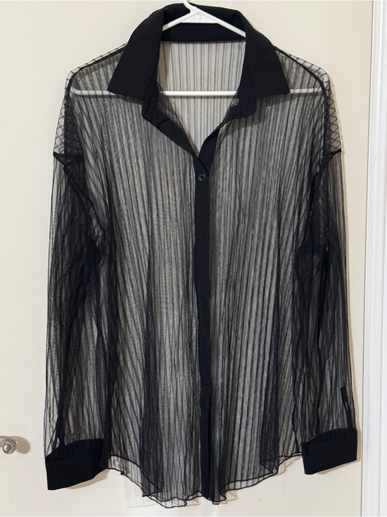 Milumia Tops - Women’s Sheer Black Mesh Button-Down Shirt - Lightweight Layering Top